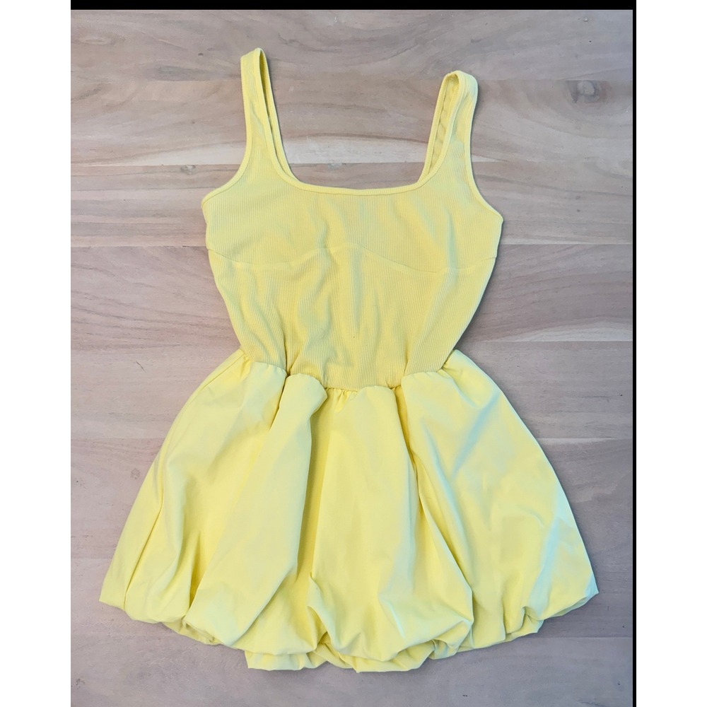 MUSERA Yellow Ribbed Bodice Bubble Hem Mini Dress Sleeveless Square Neck Size M